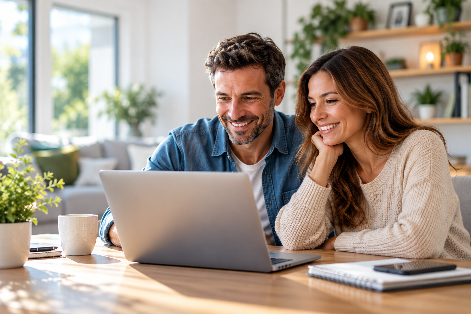 Casal a sorrir enquanto consulta um computador portátil em casa.
